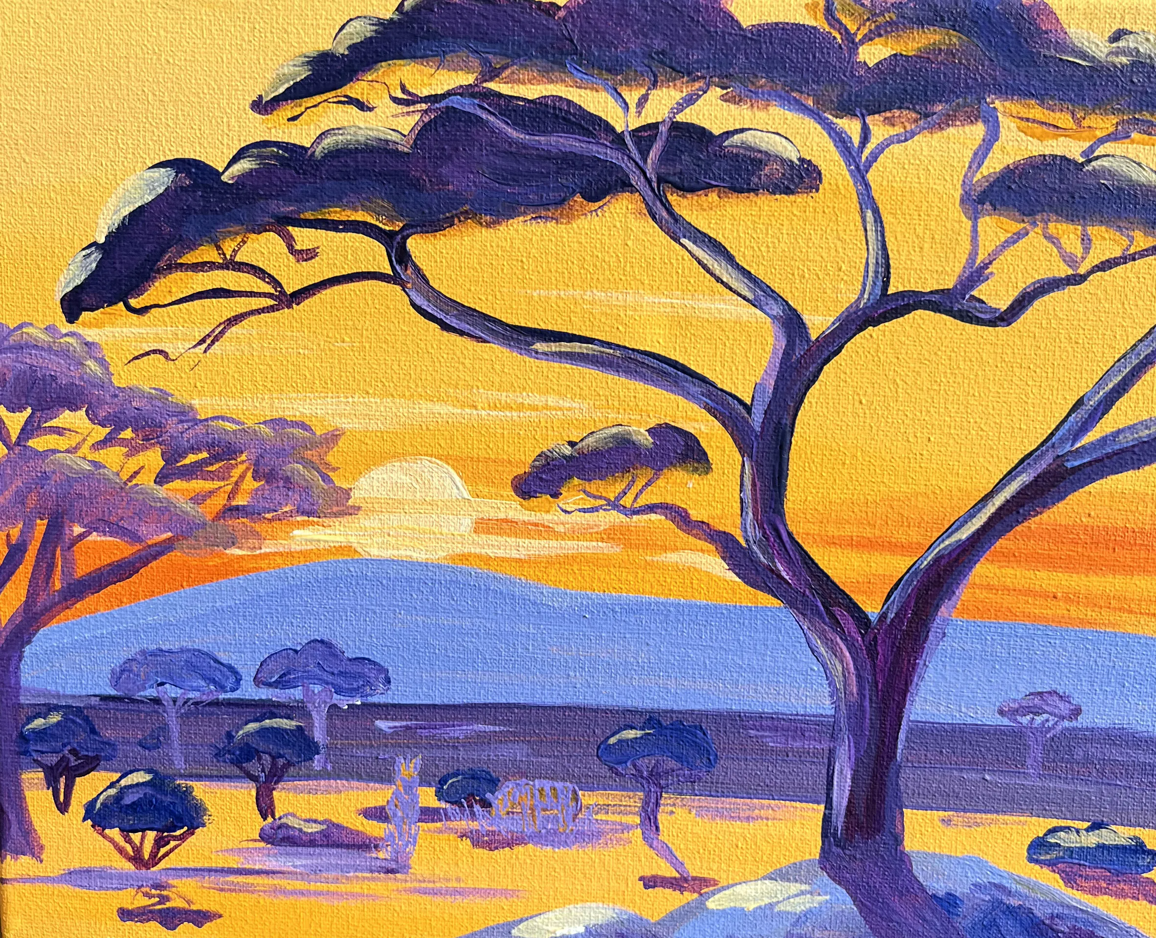 Image of Sunset by Kate Bortnik, size: 20*25 cm, made of Canvas, acrylic, Painting medium, from Lviv, Ukraine, part of the Africa series, priced at $50