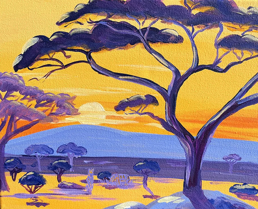 Image of Sunset by Kate Bortnik, size: 20*25 cm, made of Canvas, acrylic, Painting medium, from Lviv, Ukraine, part of the Africa series, priced at $40